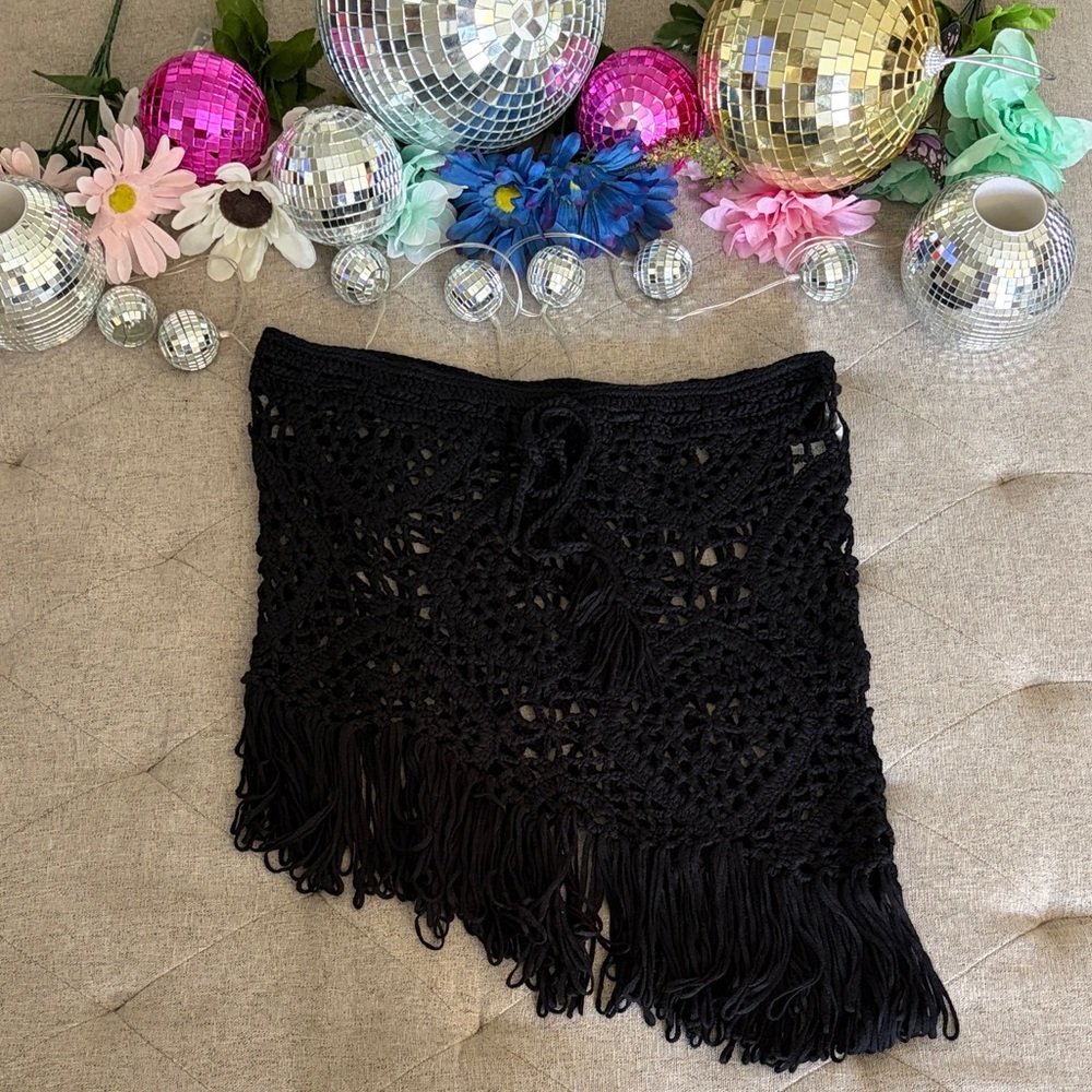 Crochet Fringe Mini Skirt Black Coverup